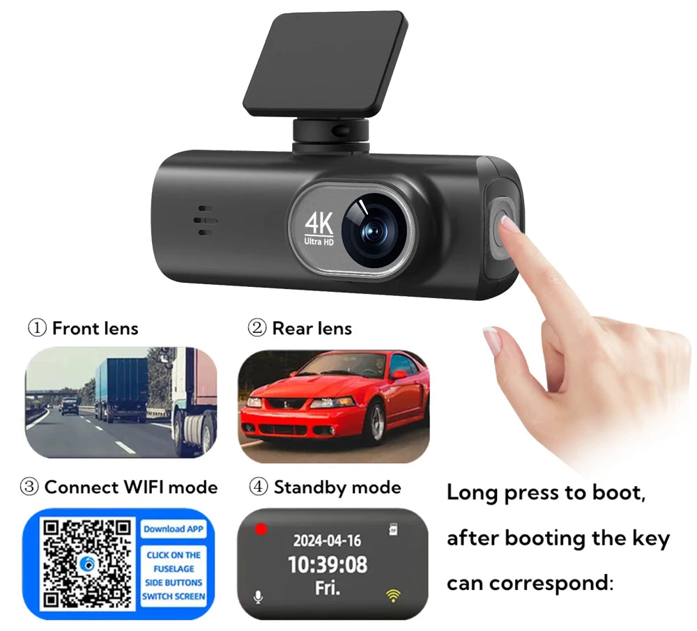 UHD 4K WiFi Dash Cam Dual Lens Driving Recorder Car DVR Optional 1080P Rear Lens Camera GPS 24H Parking Monitoring Black Box
