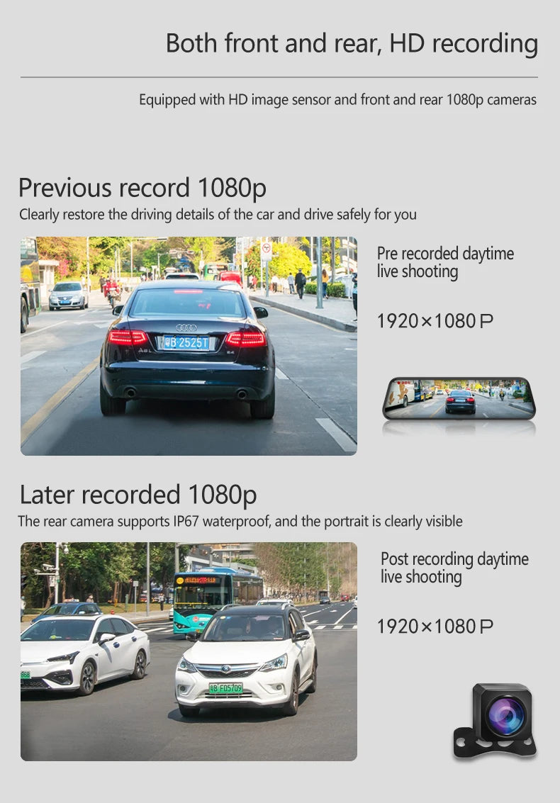 10-inch for Car Touch Screen Video Recorder Rearview mirror Dash Cam Front and Rear Camera Mirror DVR (Rear camera optional)