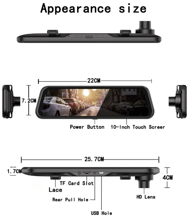 10-inch for Car Touch Screen Video Recorder Rearview mirror Dash Cam Front and Rear Camera Mirror DVR (Rear camera optional)