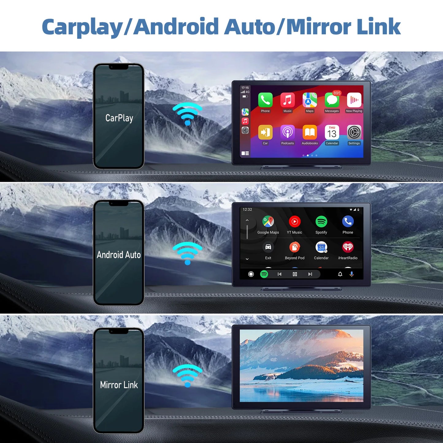 9 Inches Portable Wireless CarPlay with 4K Dash Cam with 64G TF Card, Wireless Android Auto Car Play Screen for Car