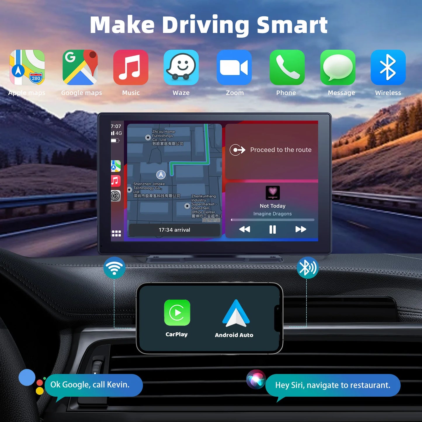 9 Inches Portable Wireless CarPlay with 4K Dash Cam with 64G TF Card, Wireless Android Auto Car Play Screen for Car