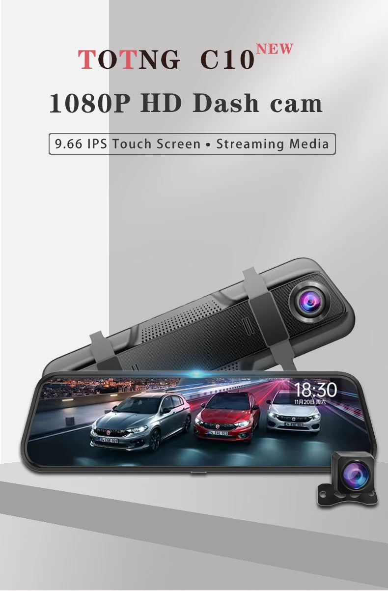 10-inch for Car Touch Screen Video Recorder Rearview mirror Dash Cam Front and Rear Camera Mirror DVR (Rear camera optional)