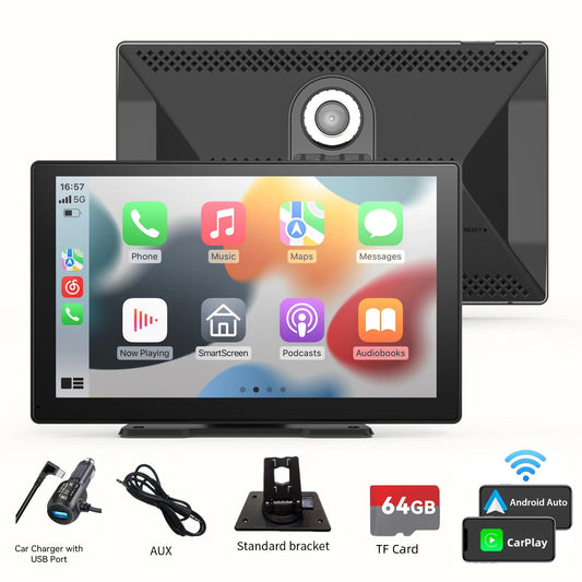 9 Inches Portable Wireless CarPlay with 4K Dash Cam with 64G TF Card, Wireless Android Auto Car Play Screen for Car