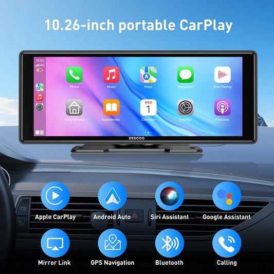 ESSGOO 10.26" portable universal car stereo Radio HD Tour screen GPS Navi WIFI Apple carplay Android auto BT MIrror link AUX FM