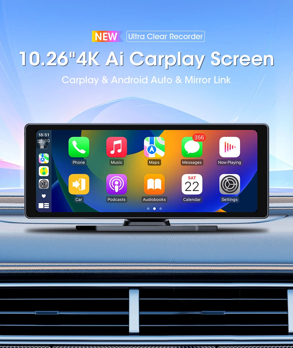 10.26 Inch Portable Wireless Carplay Screen HD Rear Reversing Camera Car Radio DVR MP5 Multimedia Video Player Android Auto