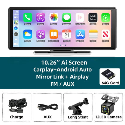 10.26 Inch Portable Wireless Carplay Screen HD Rear Reversing Camera Car Radio DVR MP5 Multimedia Video Player Android Auto