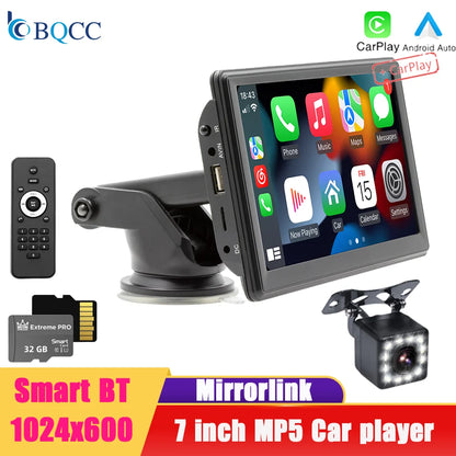 BQCC 7" HD Universal Car MP5 Portable Car Player Wireless Carplay Android Auto Mirrorlink BT USB SD FM transmission car stereo