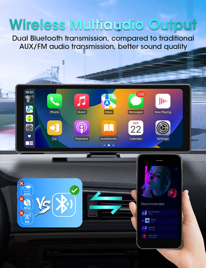 10.26 Inch Portable Wireless Carplay Screen HD Rear Reversing Camera Car Radio DVR MP5 Multimedia Video Player Android Auto