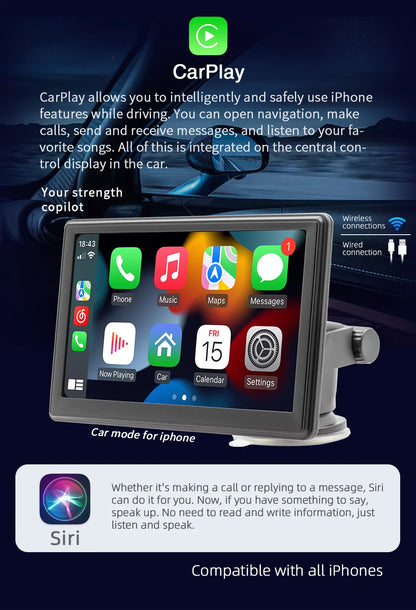 BQCC 7" HD Universal Car MP5 Portable Car Player Wireless Carplay Android Auto Mirrorlink BT USB SD FM transmission car stereo