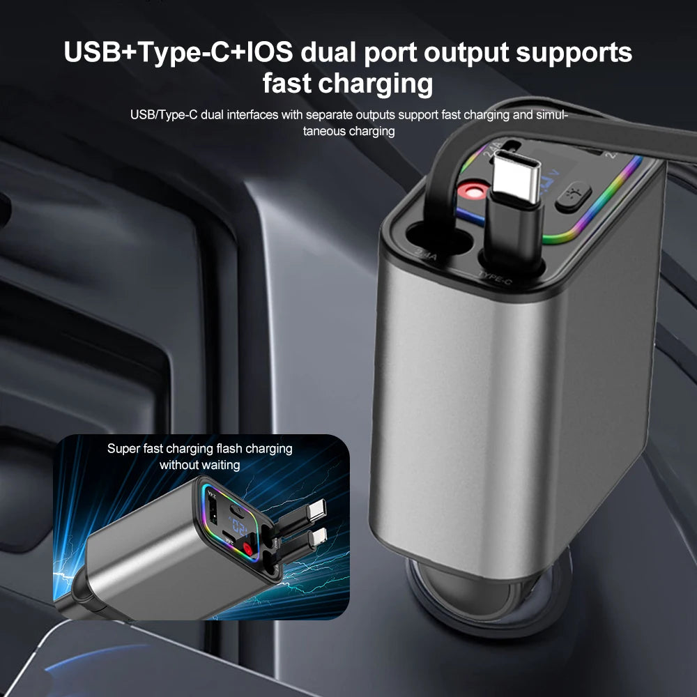 4IN1 Retractable Car Charger with Starlight Type-C Car Charger Adapter Car Phone Charger with Star Light For IOS Android Phones