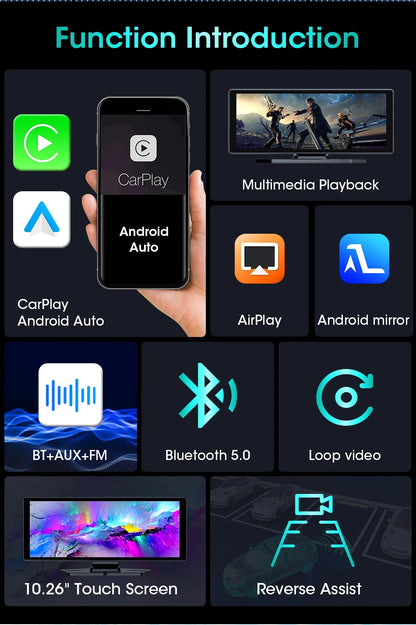 10.26 Inch Portable Wireless Carplay Screen HD Rear Reversing Camera Car Radio DVR MP5 Multimedia Video Player Android Auto