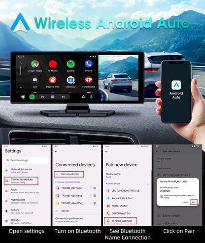10.26 Inch Portable Wireless Carplay Screen HD Rear Reversing Camera Car Radio DVR MP5 Multimedia Video Player Android Auto