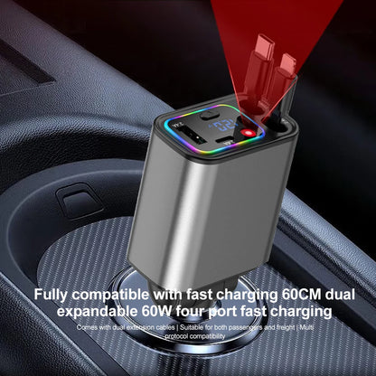 4IN1 Retractable Car Charger with Starlight Type-C Car Charger Adapter Car Phone Charger with Star Light For IOS Android Phones