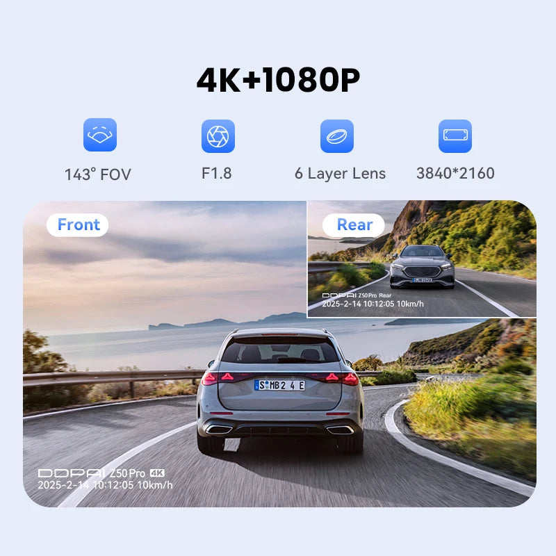 2025 New DDPAI Dash Cam Z50 Pro 4K Car Camera Night Vision 5GHz Wi-Fi GPS ADAS 24H Parking Monitor Support Front and Rear Cam