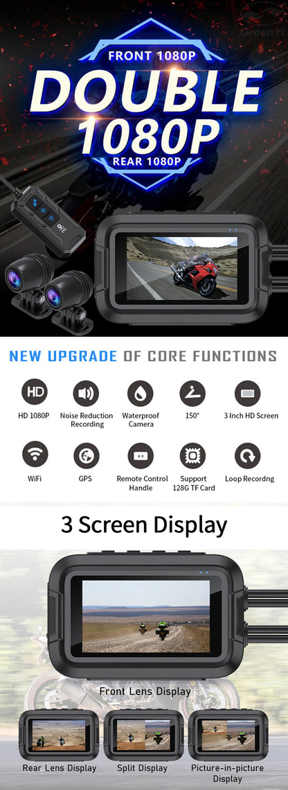 Dual 1080P Motorcycle DVR Full Body Waterproof Moto Camera WiFi GPS Dash Cam Front Rear Driving Video Recorder Black Box