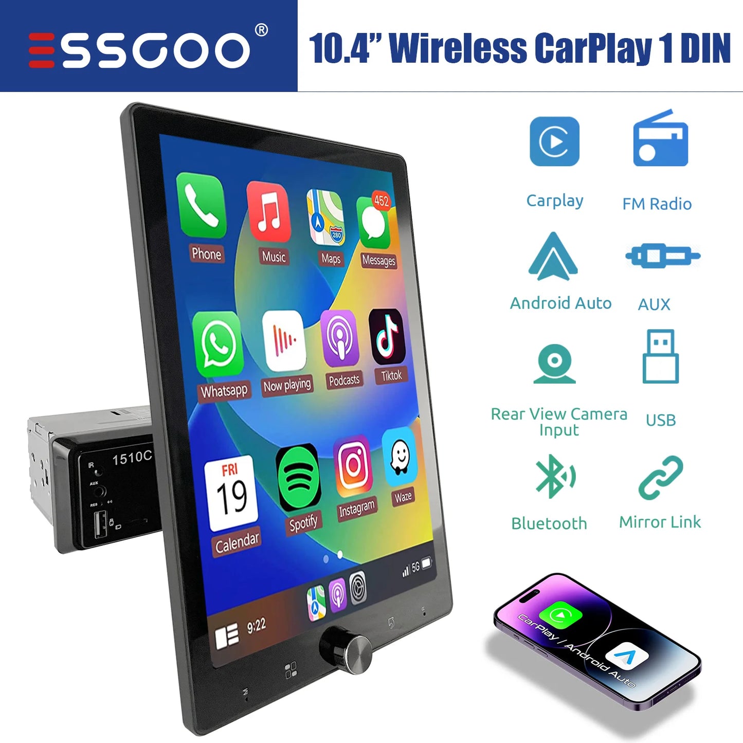 ESSGOO 10.1 Inch Rotatable IPS Touch Screen Single DIN Car Stereo Head Unit Wireless Carplay Android Auto Radio USB AUX TF