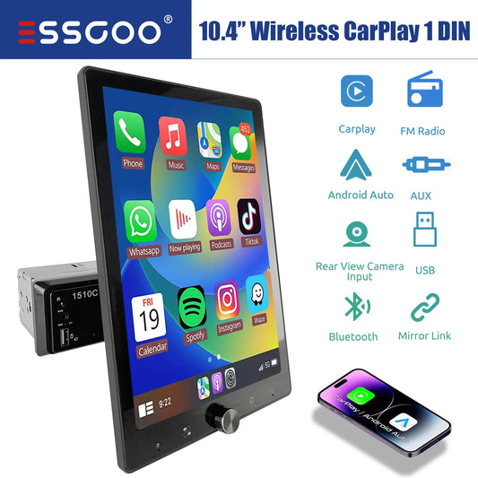 ESSGOO 10.1 Inch Rotatable IPS Touch Screen Single DIN Car Stereo Head Unit Wireless Carplay Android Auto Radio USB AUX TF