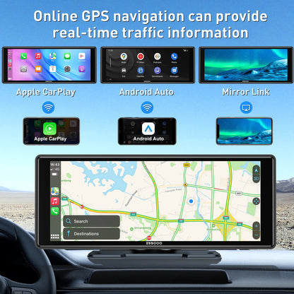 ESSGOO 10.26" portable universal car stereo Radio HD Tour screen GPS Navi WIFI Apple carplay Android auto BT MIrror link AUX FM