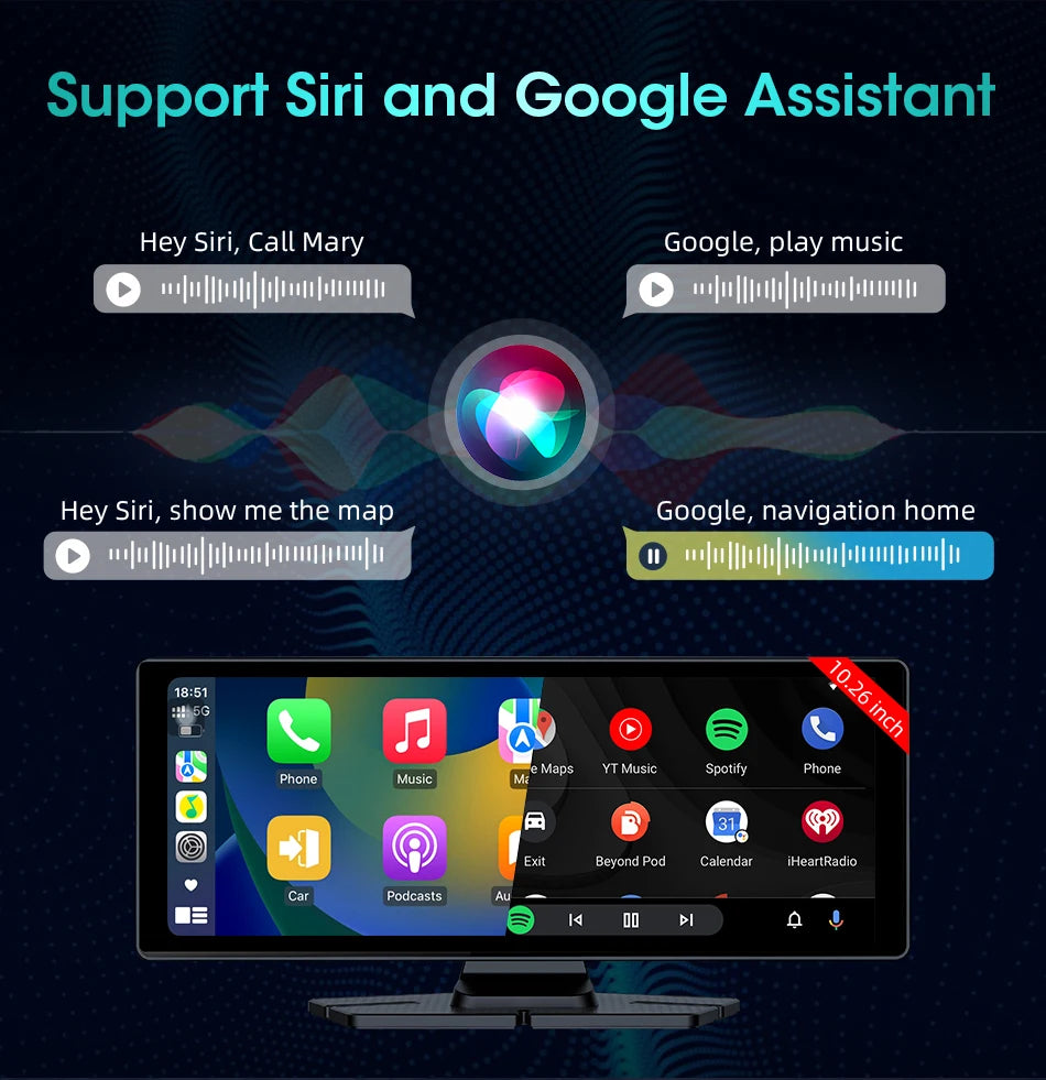 10.26 Inch Portable Wireless Carplay Screen HD Rear Reversing Camera Car Radio DVR MP5 Multimedia Video Player Android Auto
