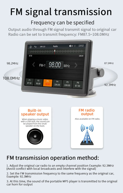 BQCC 7" HD Universal Car MP5 Portable Car Player Wireless Carplay Android Auto Mirrorlink BT USB SD FM transmission car stereo