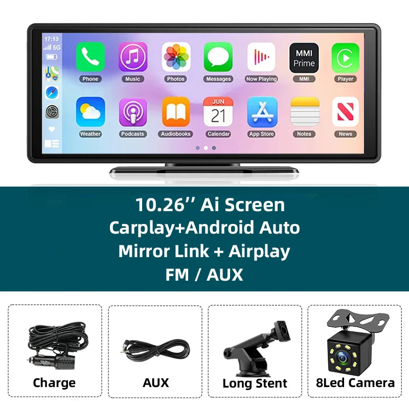 10.26 Inch Portable Wireless Carplay Screen HD Rear Reversing Camera Car Radio DVR MP5 Multimedia Video Player Android Auto