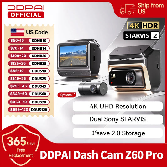 2025 New DDPAI 4K Dash Cam Z60 Pro Support Front and Rear Car Camera SONY STARVIS2 678 Sensor 5GHz Wi-Fi GPS ADAS Car DVR