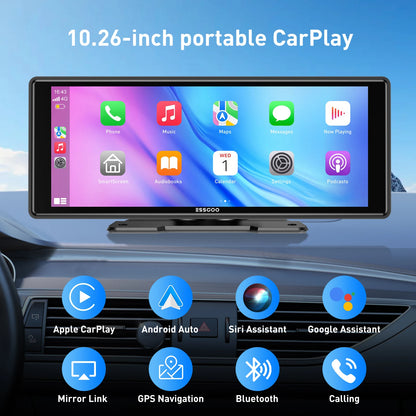 ESSGOO 10.26" portable universal car stereo Radio HD Tour screen GPS Navi WIFI Apple carplay Android auto BT MIrror link AUX FM