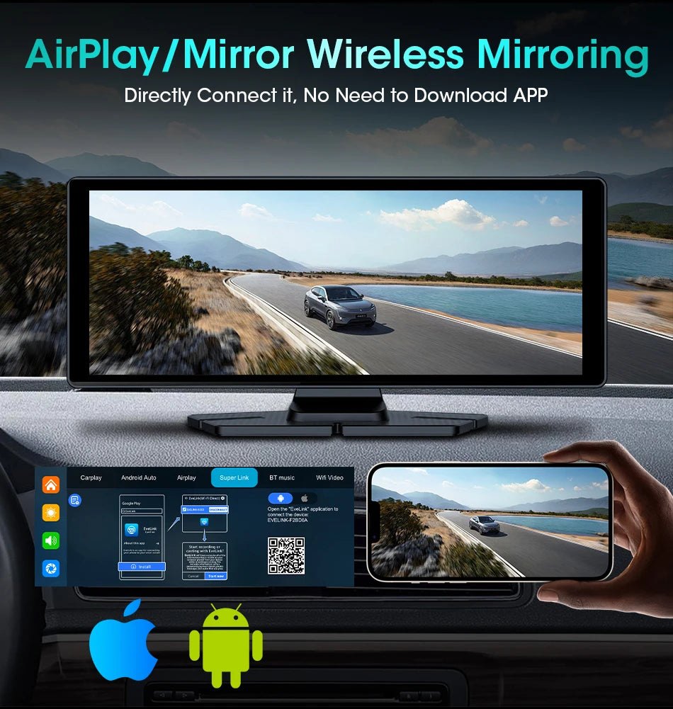10.26 Inch Portable Wireless Carplay Screen HD Rear Reversing Camera Car Radio DVR MP5 Multimedia Video Player Android Auto