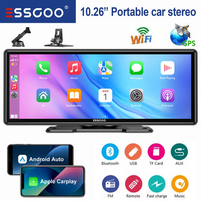 ESSGOO 10.26" portable universal car stereo Radio HD Tour screen GPS Navi WIFI Apple carplay Android auto BT MIrror link AUX FM