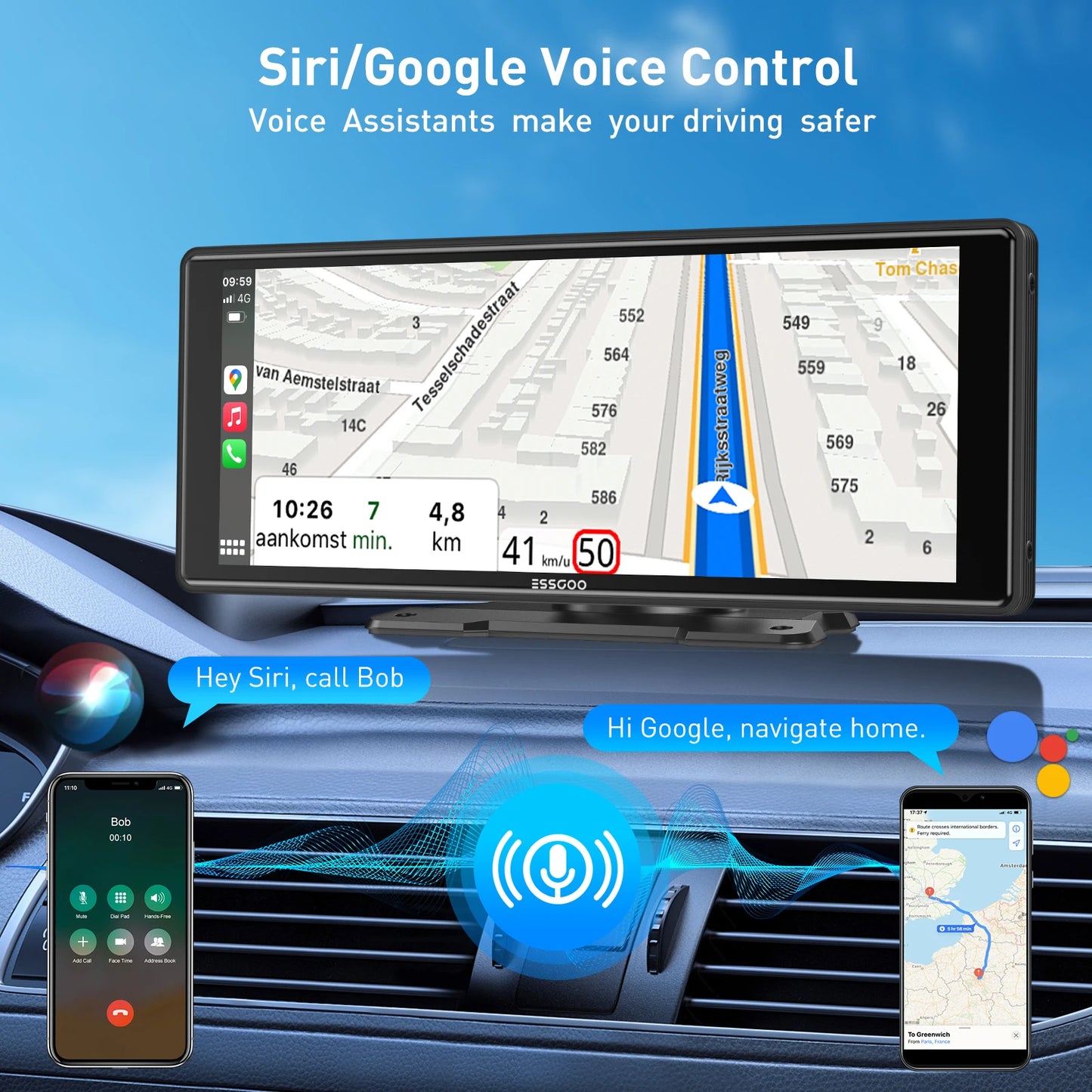 ESSGOO 10.26" portable universal car stereo Radio HD Tour screen GPS Navi WIFI Apple carplay Android auto BT MIrror link AUX FM